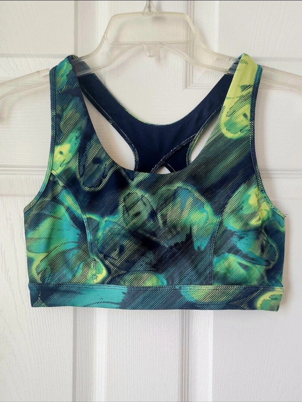 Tek Gear Women's High Impact Racerback Sports Bra Green Yellow Blue - Size Med